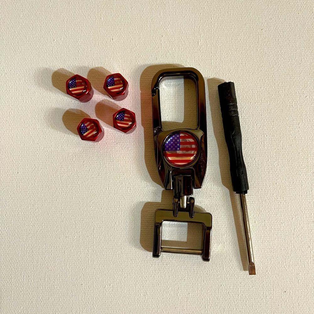American Flag Keyfob keychain and valve stem caps in Red NWT